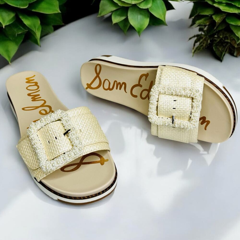 Sam Edelman Ariane Beaded Slip-On Slide Platform Sandal Platinum Weave Size 6.5
